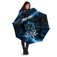 Personalized Bowling Skull Umbrella with Blue Flame Energy and Electric Lightning Strike Pattern - Wonder Print Shop