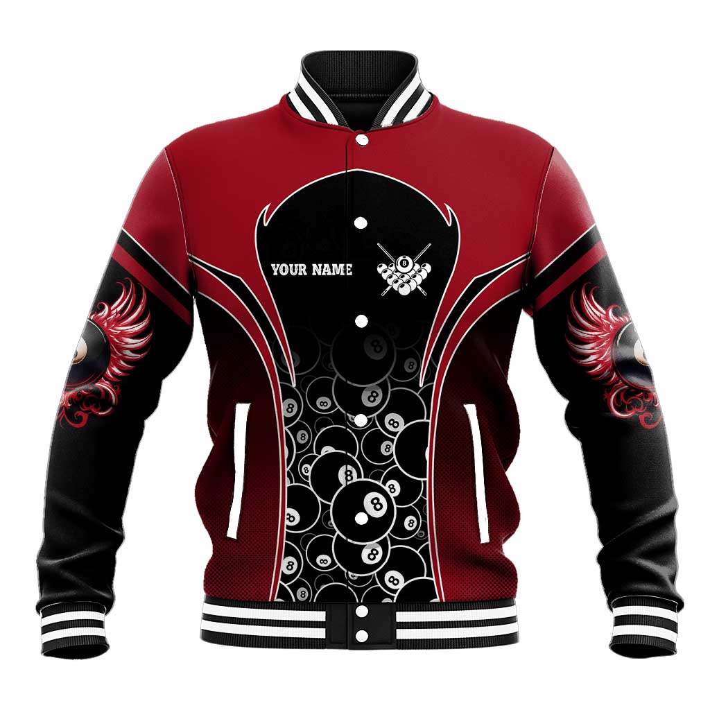 Personalized Billiards Eight Ball Baseball Jacket with Red Wing Emblem and Black Gradient Bubble Pattern - Wonder Print Shop