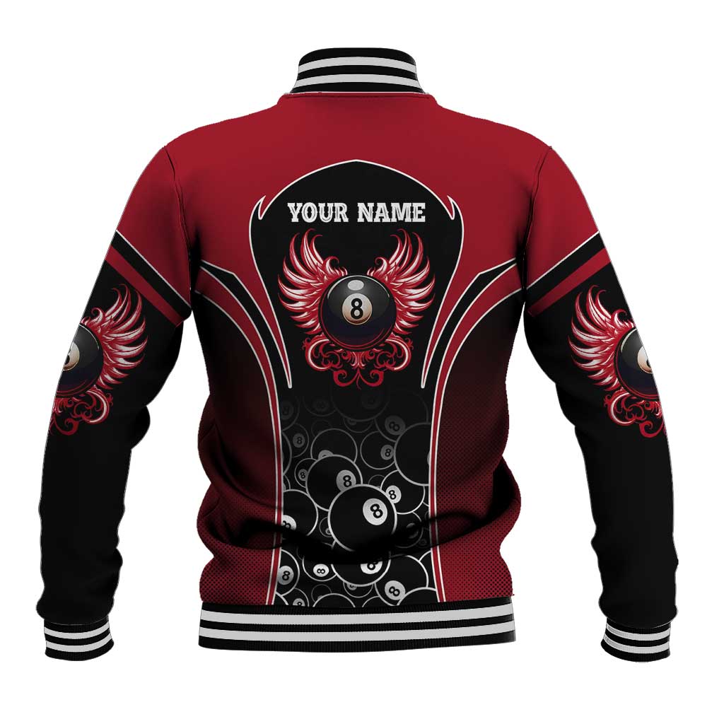 Personalized Billiards Eight Ball Baseball Jacket with Red Wing Emblem and Black Gradient Bubble Pattern - Wonder Print Shop