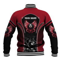 Personalized Billiards Eight Ball Baseball Jacket with Red Wing Emblem and Black Gradient Bubble Pattern - Wonder Print Shop