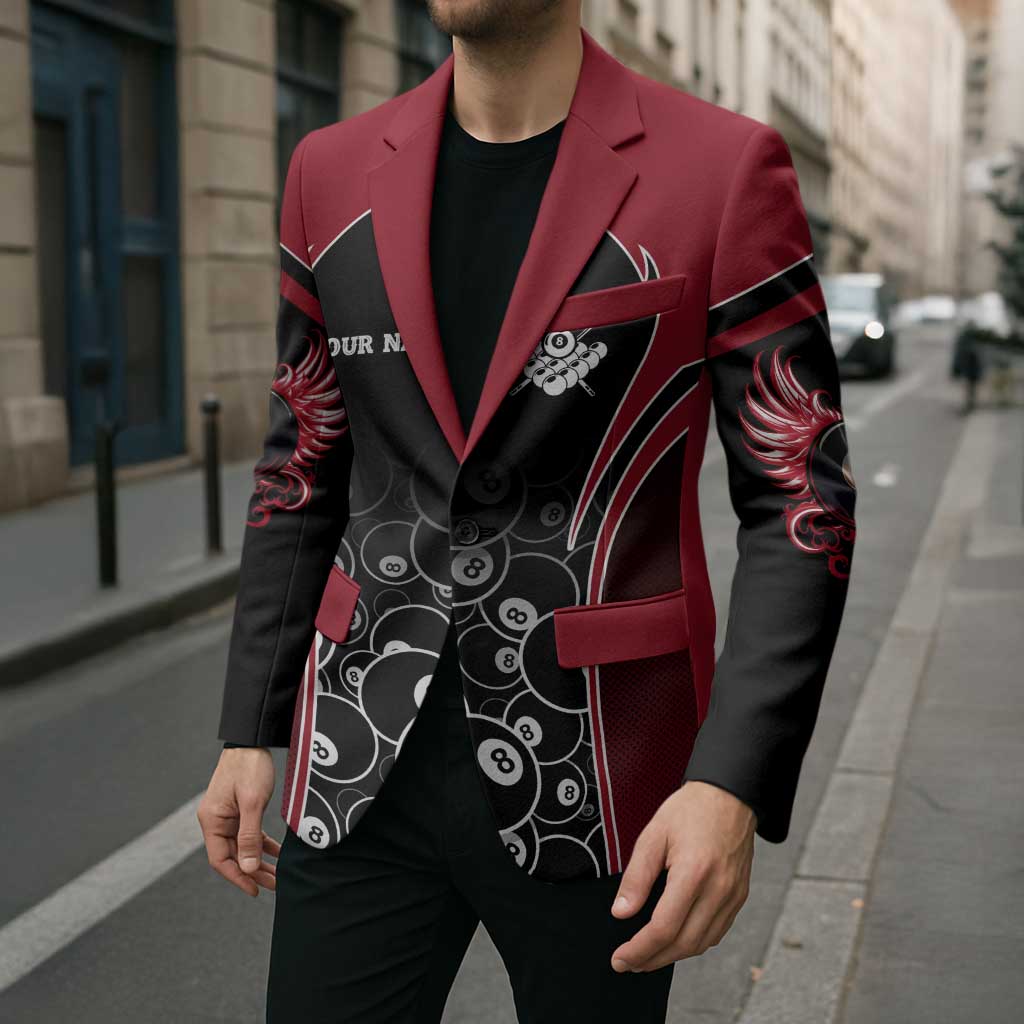 Personalized Billiards Eight Ball Blazer with Red Wing Emblem and Black Gradient Bubble Pattern - Wonder Print Shop