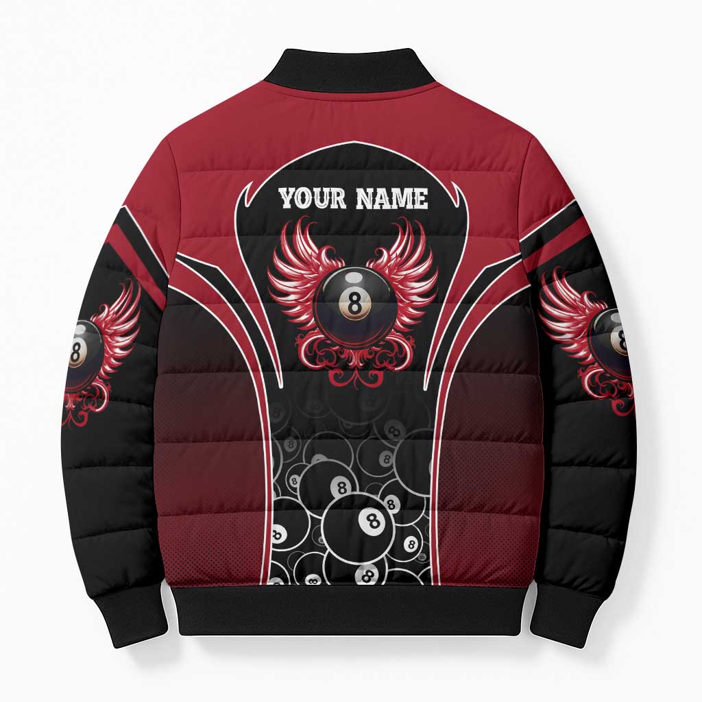 Personalized Billiards Eight Ball Bomber Puffer Jacket with Red Wing Emblem and Black Gradient Bubble Pattern - Wonder Print Shop
