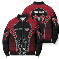 Personalized Billiards Eight Ball Bomber Puffer Jacket with Red Wing Emblem and Black Gradient Bubble Pattern - Wonder Print Shop