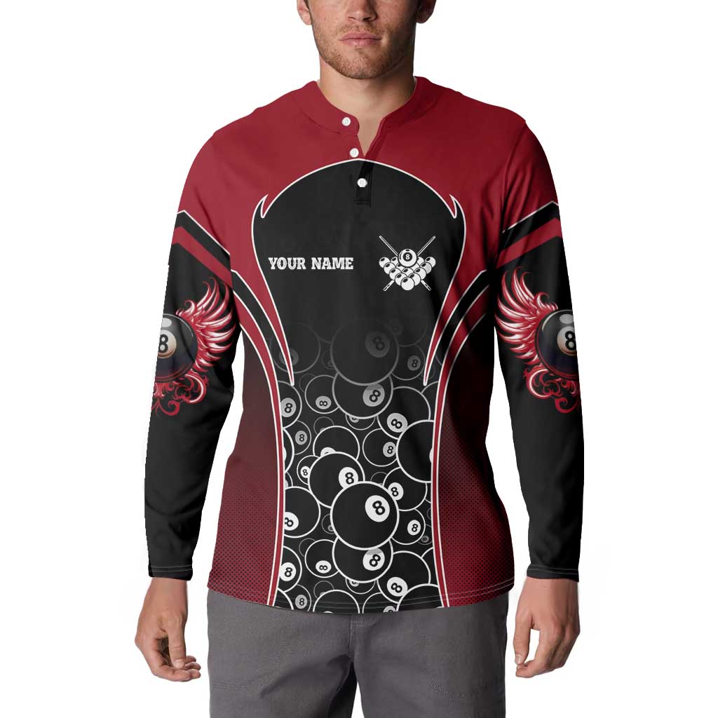 Personalized Billiards Eight Ball Button Sweatshirt with Red Wing Emblem and Black Gradient Bubble Pattern - Wonder Print Shop