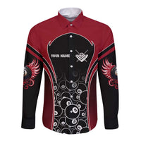 Personalized Billiards Eight Ball Long Sleeve Button Shirt with Red Wing Emblem and Black Gradient Bubble Pattern - Wonder Print Shop