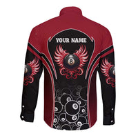 Personalized Billiards Eight Ball Long Sleeve Button Shirt with Red Wing Emblem and Black Gradient Bubble Pattern - Wonder Print Shop