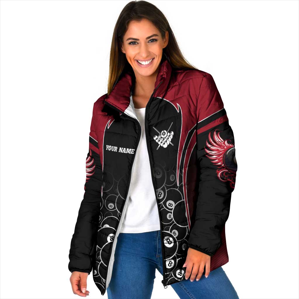 Personalized Billiards Eight Ball Padded Jacket with Red Wing Emblem and Black Gradient Bubble Pattern - Wonder Print Shop