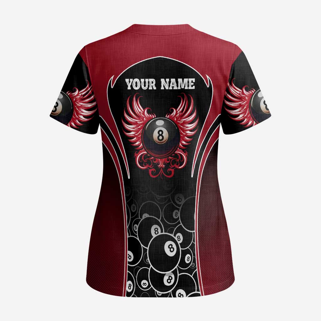 Personalized Billiards Eight Ball Scrub Top with Red Wing Emblem and Black Gradient Bubble Pattern - Wonder Print Shop