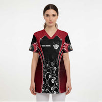 Personalized Billiards Eight Ball Scrub Top with Red Wing Emblem and Black Gradient Bubble Pattern - Wonder Print Shop
