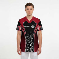 Personalized Billiards Eight Ball Scrub Top with Red Wing Emblem and Black Gradient Bubble Pattern - Wonder Print Shop