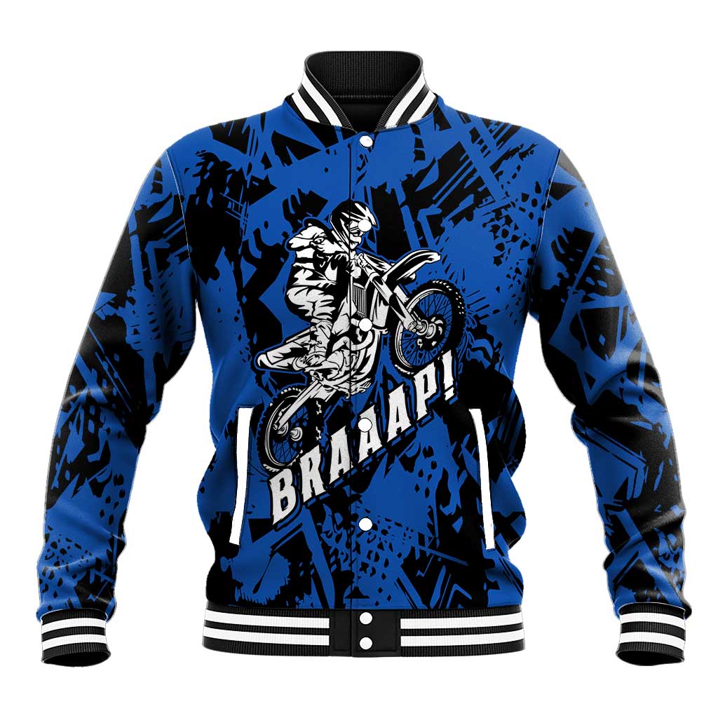 Personalized Motocross Rider Baseball Jacket with Blue Graffiti Splash Pattern - Wonder Print Shop