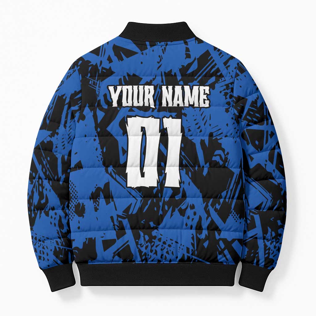 Personalized Motocross Rider Bomber Puffer Jacket with Blue Graffiti Splash Pattern - Wonder Print Shop