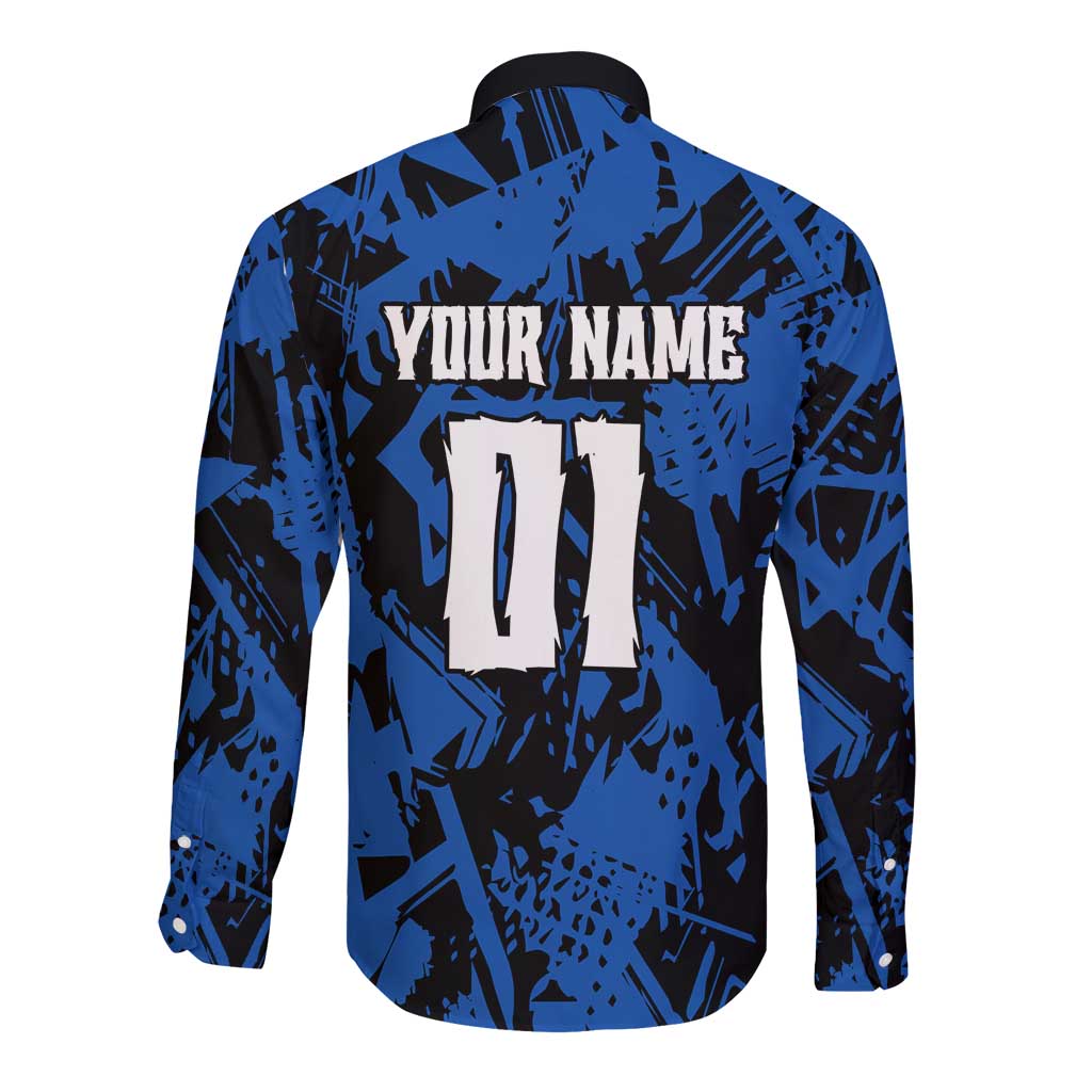 Personalized Motocross Rider Long Sleeve Button Shirt with Blue Graffiti Splash Pattern - Wonder Print Shop