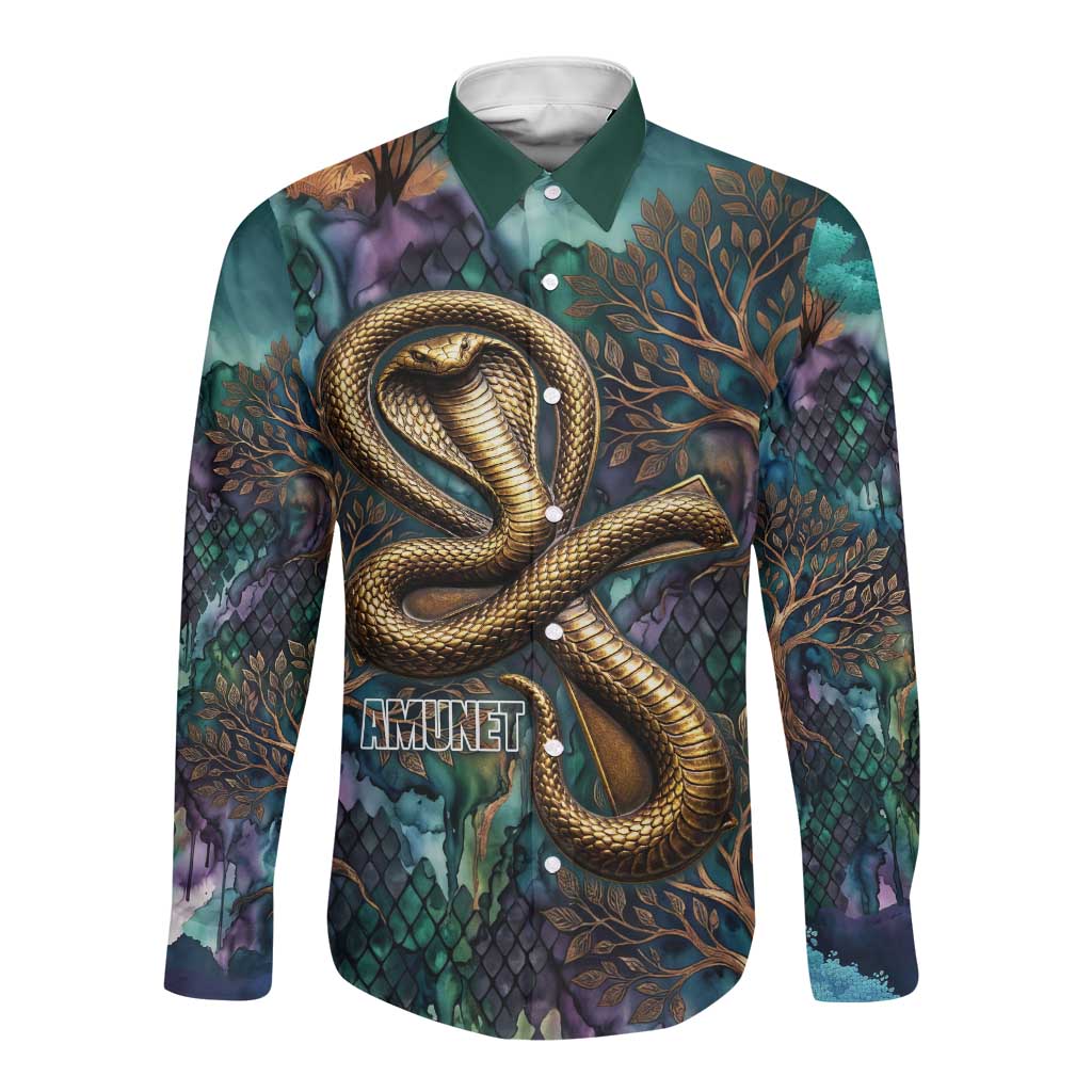Amunet Ancient Temple Egyptian Long Sleeve Button Shirt with Golden Serpent Mythology in Teal Tones