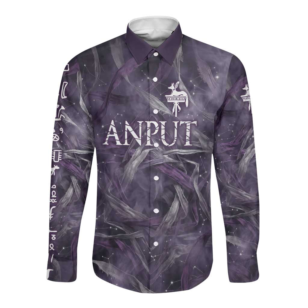 Anput Sacred Urn Long Sleeve Button Shirt with Papyrus Flowers Egyptian Guardian in Violet Mist