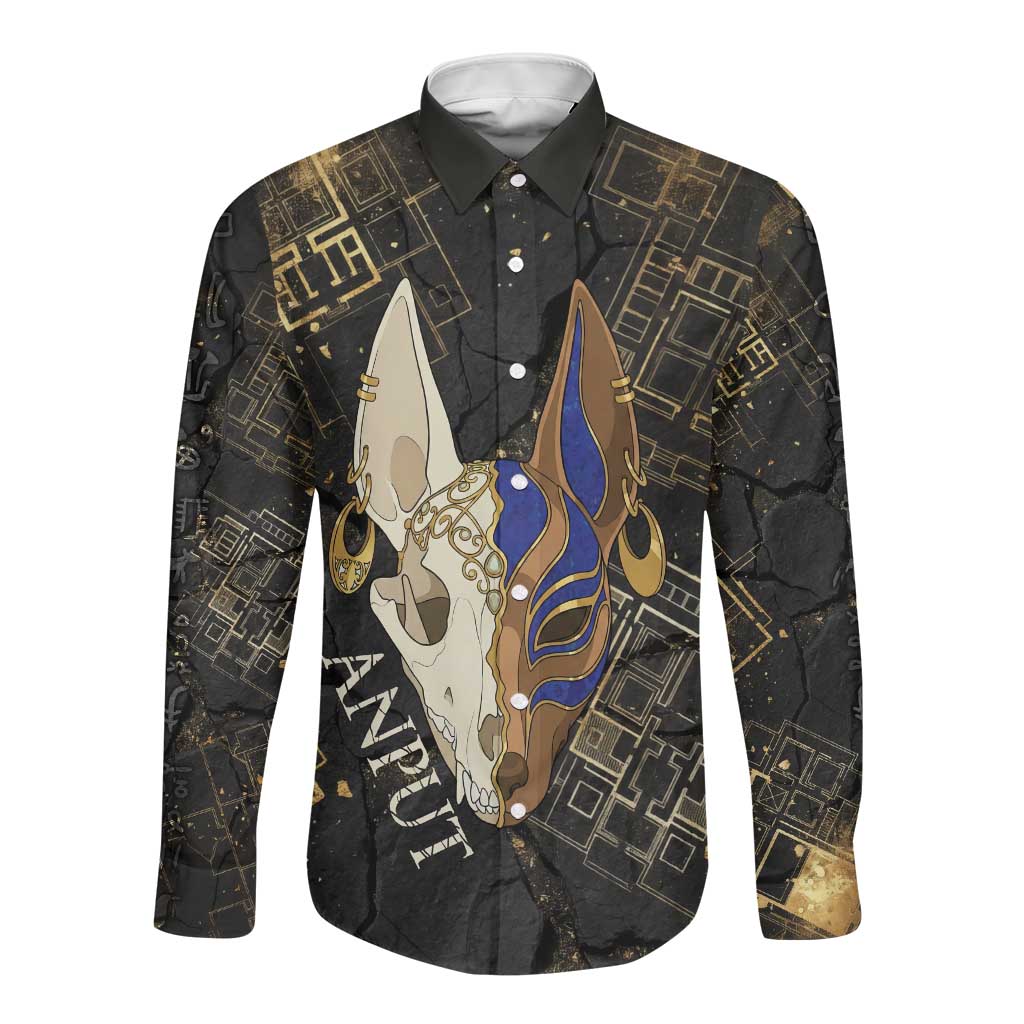 Anput Jackal Mask Long Sleeve Button Shirt with Full Moon Egyptian Afterlife Symbolism