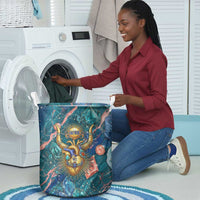 Hathor Golden Sacred Heart Egyptian Laundry Basket with Gemstone Pattern in Turquoise Theme
