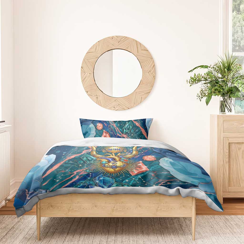 Hathor Golden Sacred Heart Egyptian Bedding Set with Gemstone Pattern in Turquoise Theme