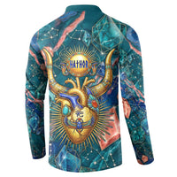 Hathor Golden Sacred Heart Egyptian Button Sweatshirt with Gemstone Pattern in Turquoise Theme
