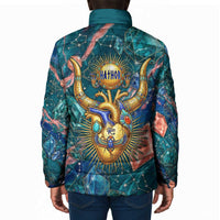 Hathor Golden Sacred Heart Egyptian Padded Jacket with Gemstone Pattern in Turquoise Theme
