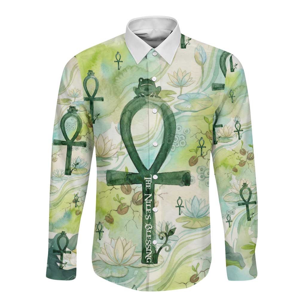 Heqet Nile Ankh Symbol Long Sleeve Button Shirt Egyptian Lotus Motif in Watercolor Life Theme