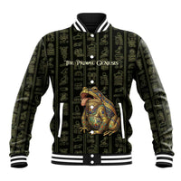 Heqet Ornate Frog Egyptian Baseball Jacket with Hieroglyphic Backdrop in Creation Theme