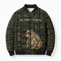 Heqet Ornate Frog Egyptian Bomber Puffer Jacket with Hieroglyphic Backdrop in Creation Theme