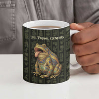 Heqet Ornate Frog Egyptian Ceramic Mug with Hieroglyphic Backdrop in Creation Theme