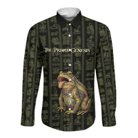 Heqet Ornate Frog Egyptian Long Sleeve Button Shirt with Hieroglyphic Backdrop in Creation Theme