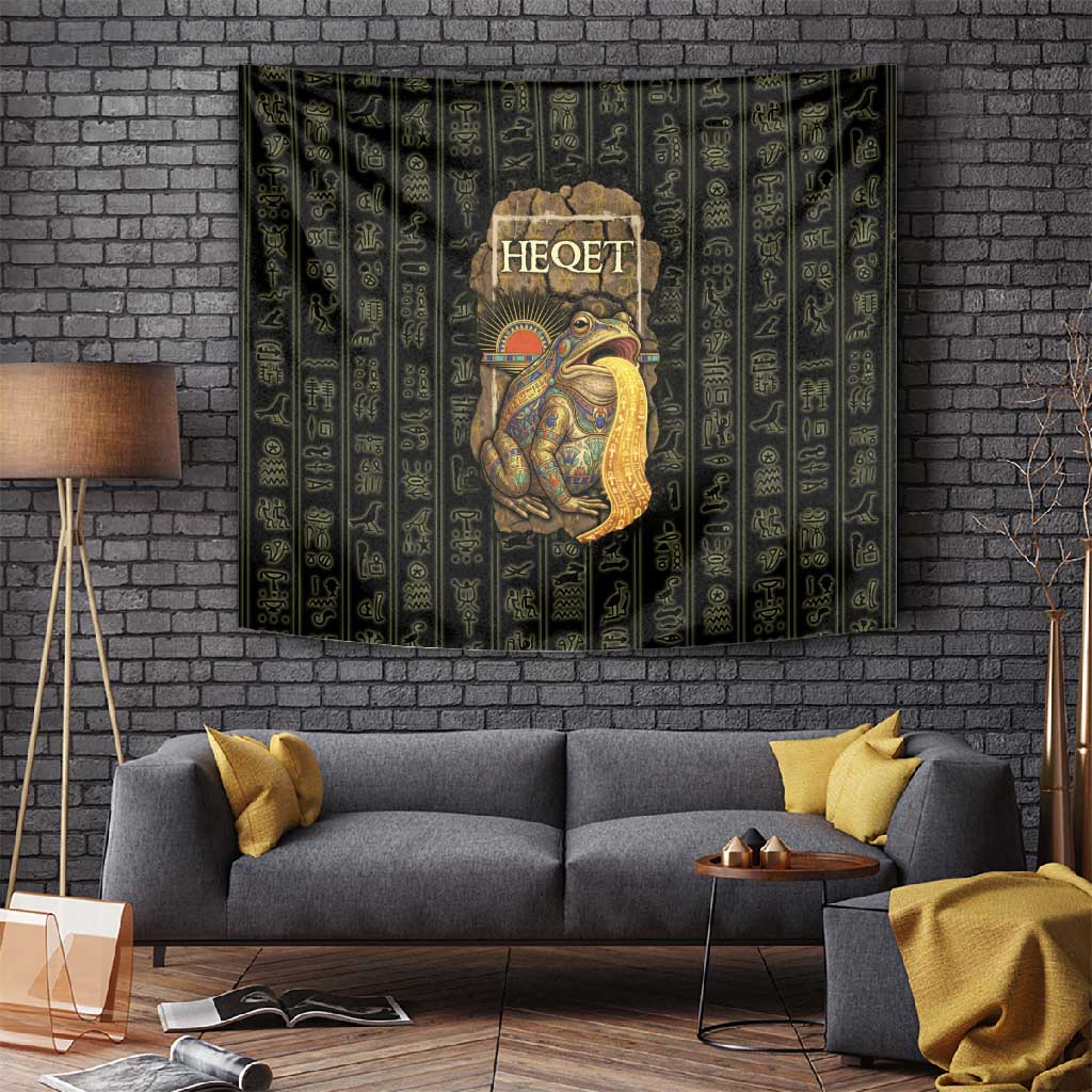 Heqet Ornate Frog Egyptian Tapestry with Hieroglyphic Backdrop in Creation Theme