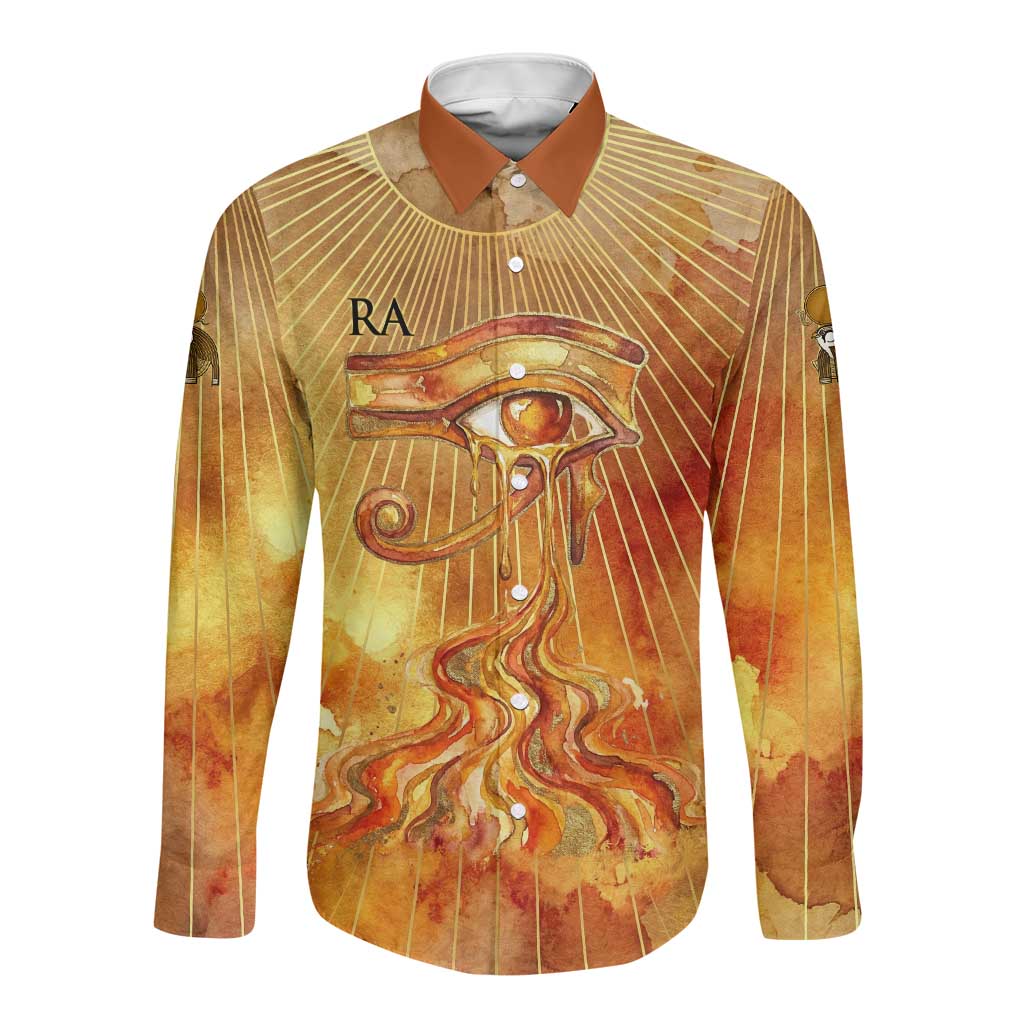Ra Egyptian Long Sleeve Button Shirt Sun God Eye of Ra Fiery Wings Eternal Source Golden Light