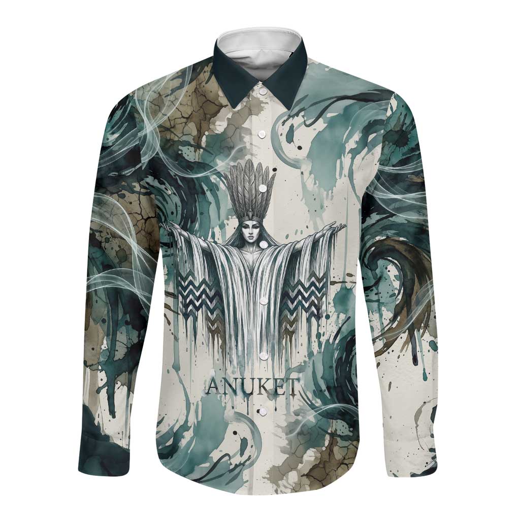 Anuket Egyptian Long Sleeve Button Shirt Goddess of the Nile Flowing Water Gazelle Spirit The Embracer