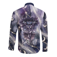Bastet Egyptian Long Sleeve Button Shirt Cat Goddess Cosmic Protector Moon Magic Night Sky