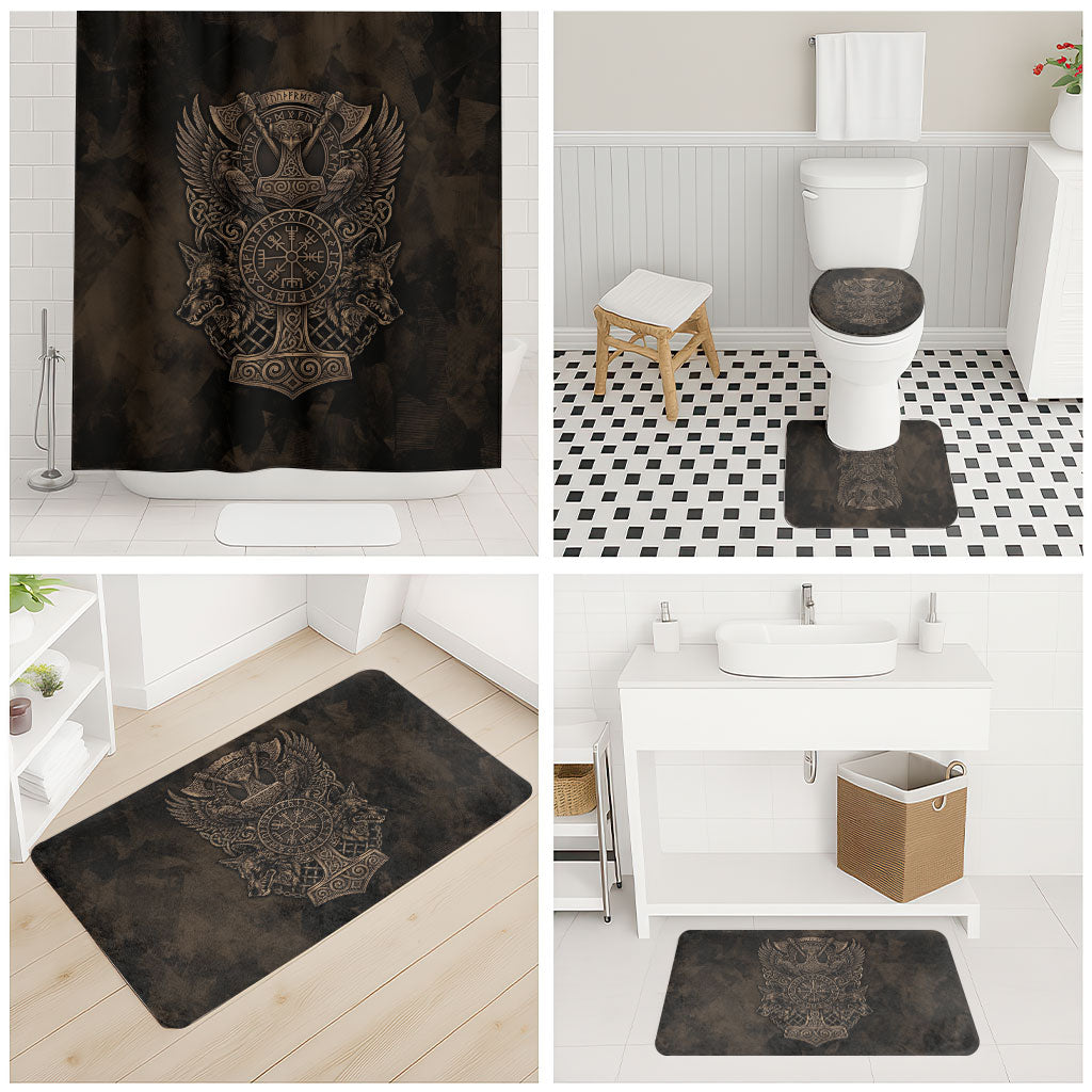 Viking Raven Wolf Vegvisir Bathroom Set Nordic Runic Engraving Style
