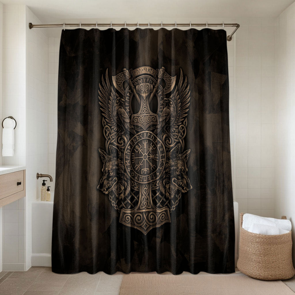 Viking Raven Wolf Vegvisir Bathroom Set Nordic Runic Engraving Style