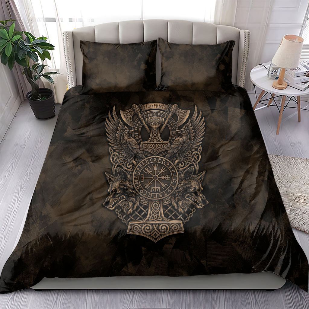Viking Raven Wolf Vegvisir Bedding Set Nordic Runic Engraving Style