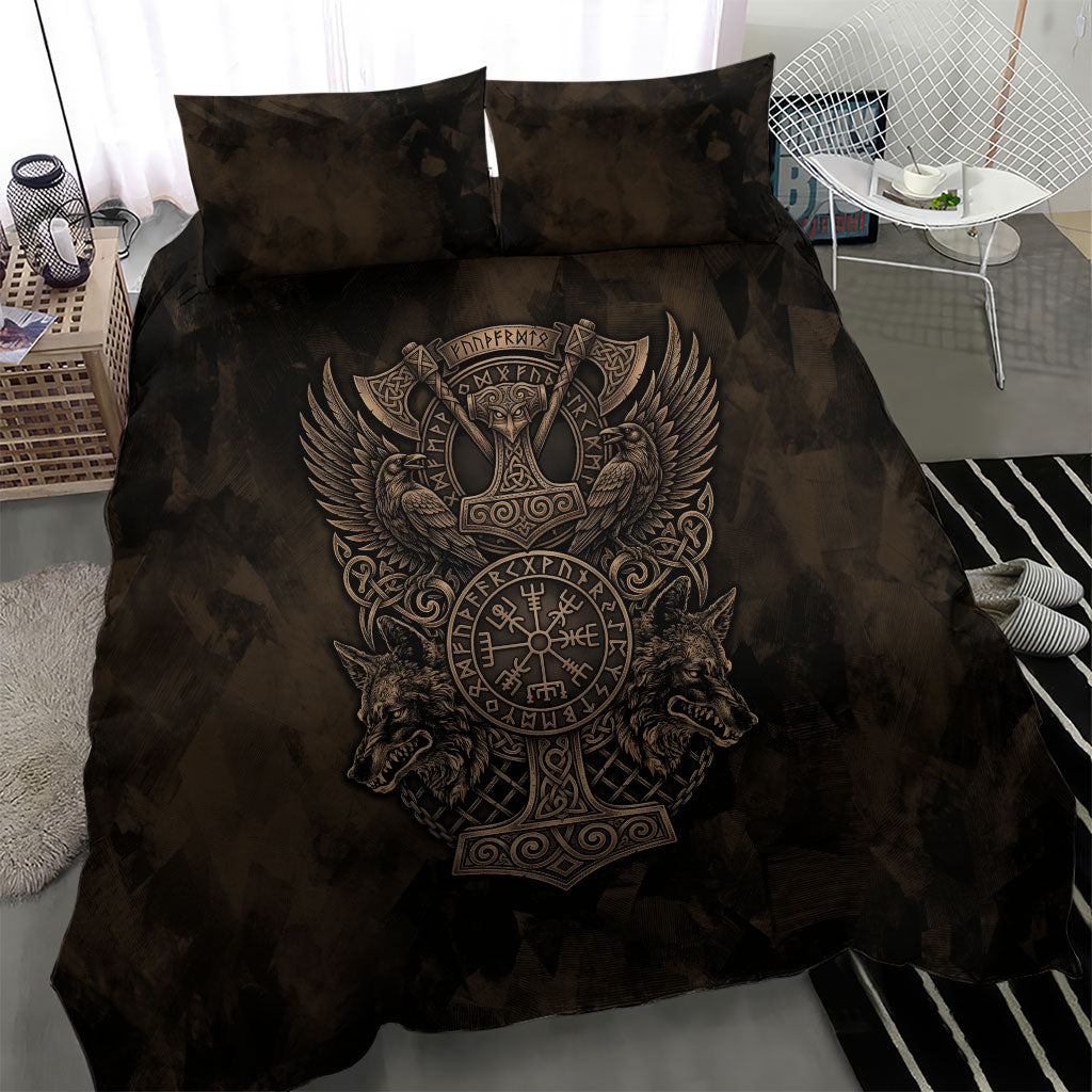 Viking Raven Wolf Vegvisir Bedding Set Nordic Runic Engraving Style