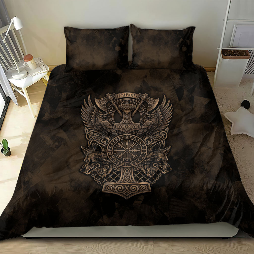 Viking Raven Wolf Vegvisir Bedding Set Nordic Runic Engraving Style