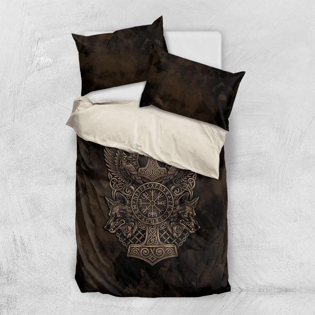 Viking Raven Wolf Vegvisir Bedding Set Nordic Runic Engraving Style