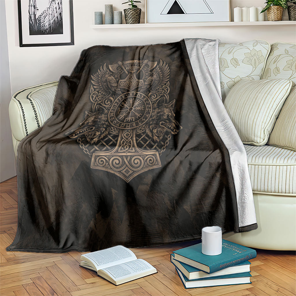 Viking Raven Wolf Vegvisir Blanket Nordic Runic Engraving Style