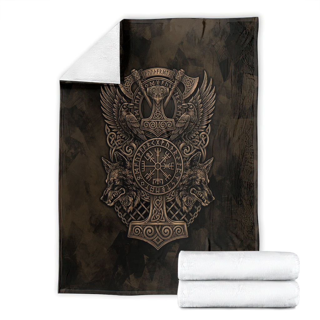 Viking Raven Wolf Vegvisir Blanket Nordic Runic Engraving Style
