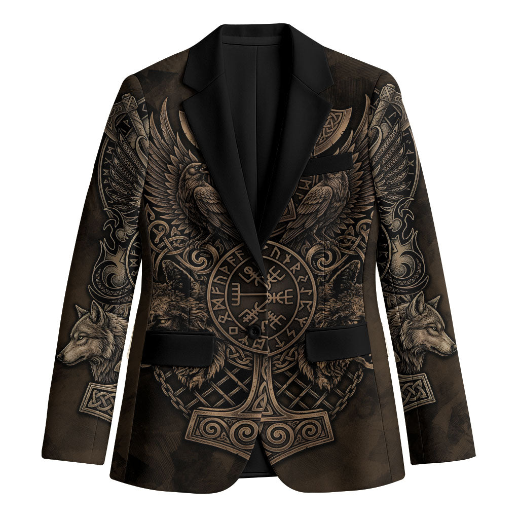 Viking Raven Wolf Vegvisir Blazer Nordic Runic Engraving Style