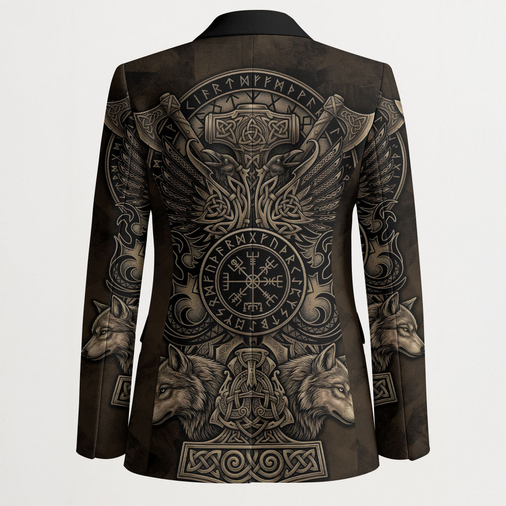 Viking Raven Wolf Vegvisir Blazer Nordic Runic Engraving Style