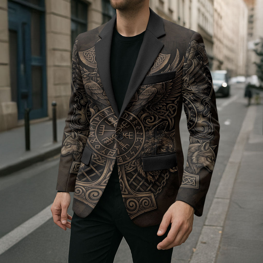 Viking Raven Wolf Vegvisir Blazer Nordic Runic Engraving Style