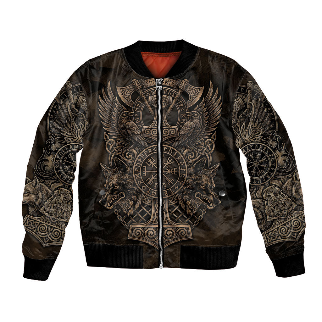 Viking Raven Wolf Vegvisir Bomber Jacket Nordic Runic Engraving Style