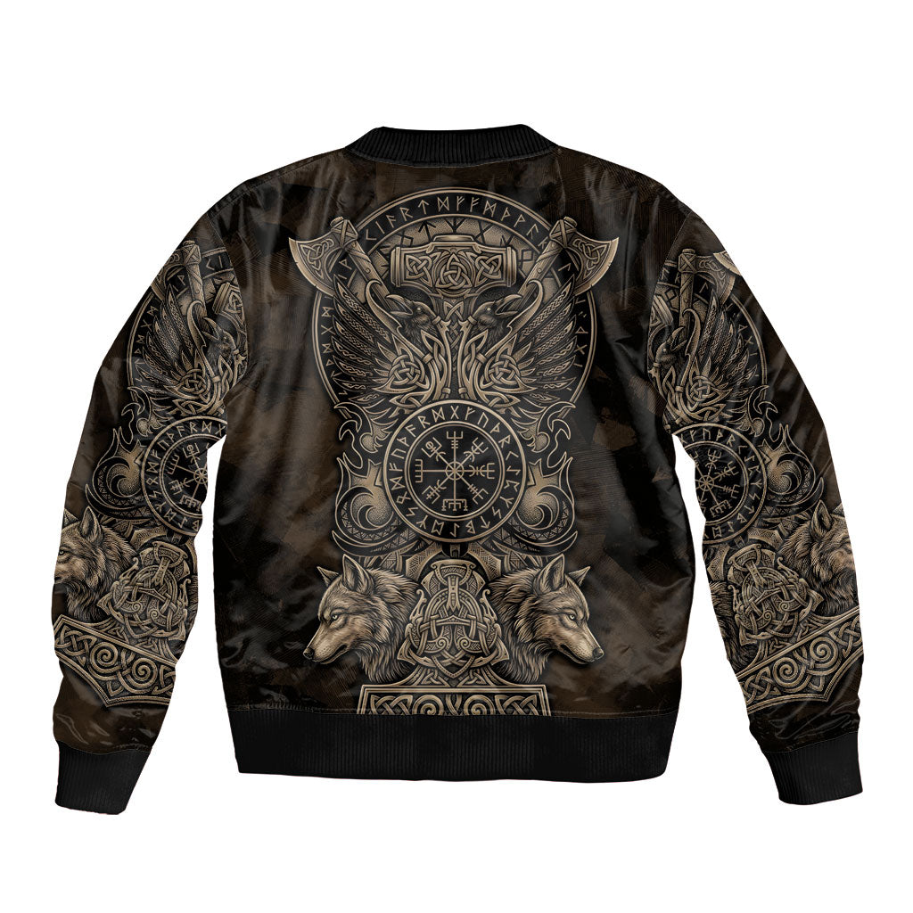 Viking Raven Wolf Vegvisir Bomber Jacket Nordic Runic Engraving Style