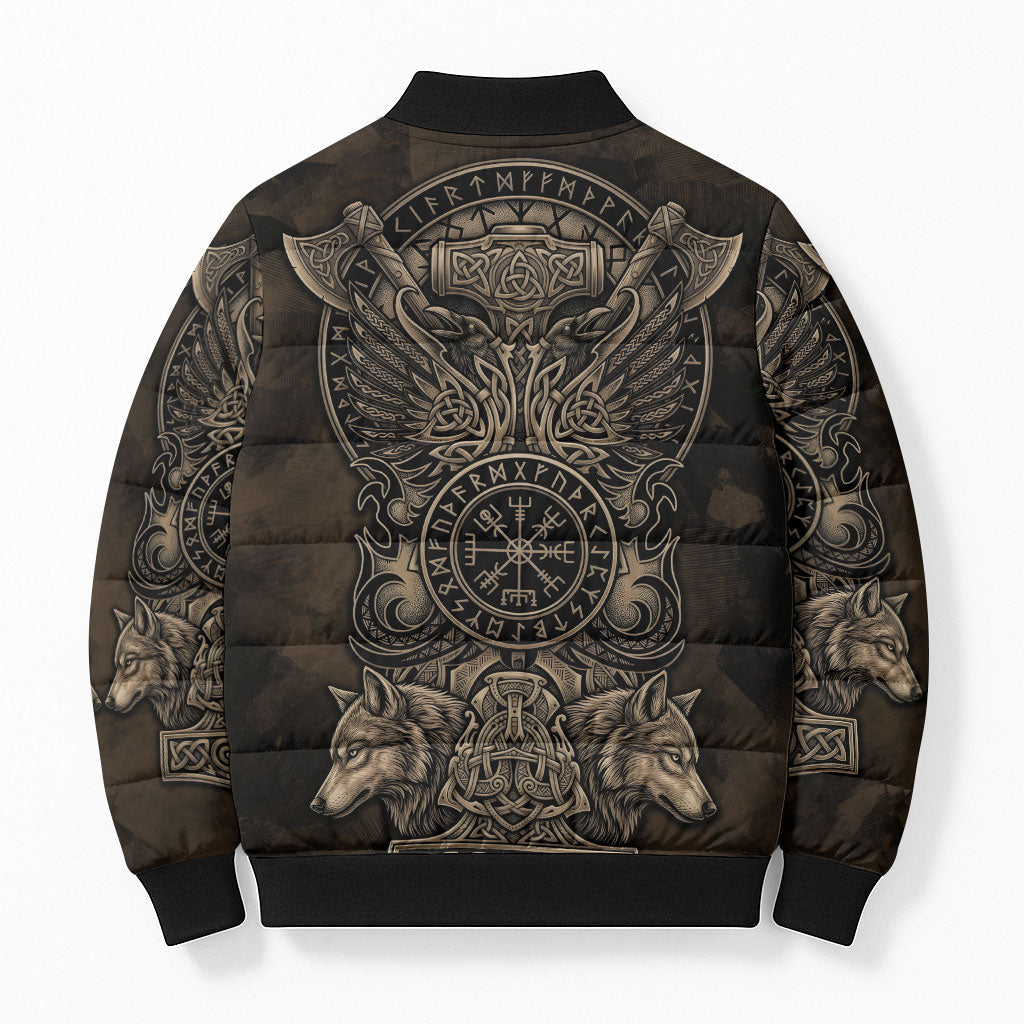 Viking Raven Wolf Vegvisir Bomber Puffer Jacket Nordic Runic Engraving Style