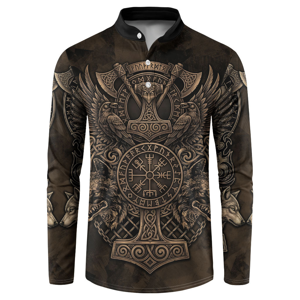 Viking Raven Wolf Vegvisir Button Sweatshirt Nordic Runic Engraving Style