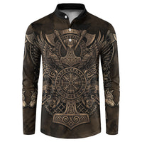 Viking Raven Wolf Vegvisir Button Sweatshirt Nordic Runic Engraving Style