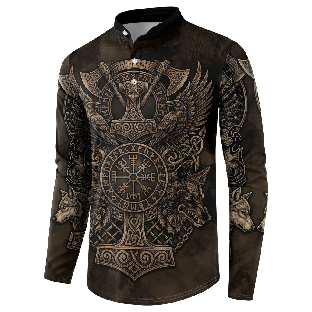 Viking Raven Wolf Vegvisir Button Sweatshirt Nordic Runic Engraving Style